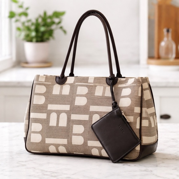 Bally Handbags - Bally Brown & Cream Logo Canvas Tote Bag w/ Leather Trim + Zip Pouch